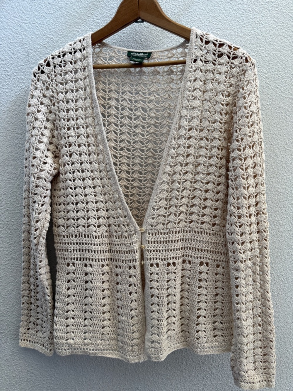 Eddie Bauer Soft Cream Openwork V-Neck Crochet Cardigan